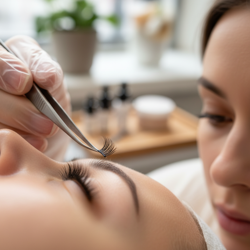 Macro view of a volume lash fan being wrapped around a natural lash