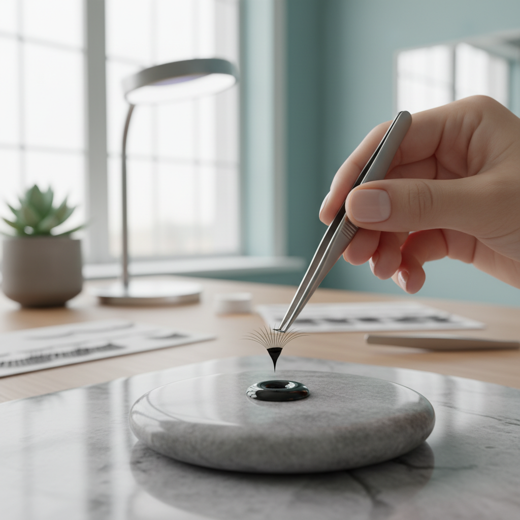 Lash artist dipping a handmade fan into professional lash glue
