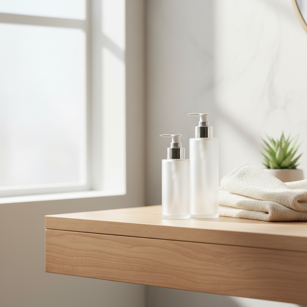 Minimalist skincare routine on a bathroom shelf