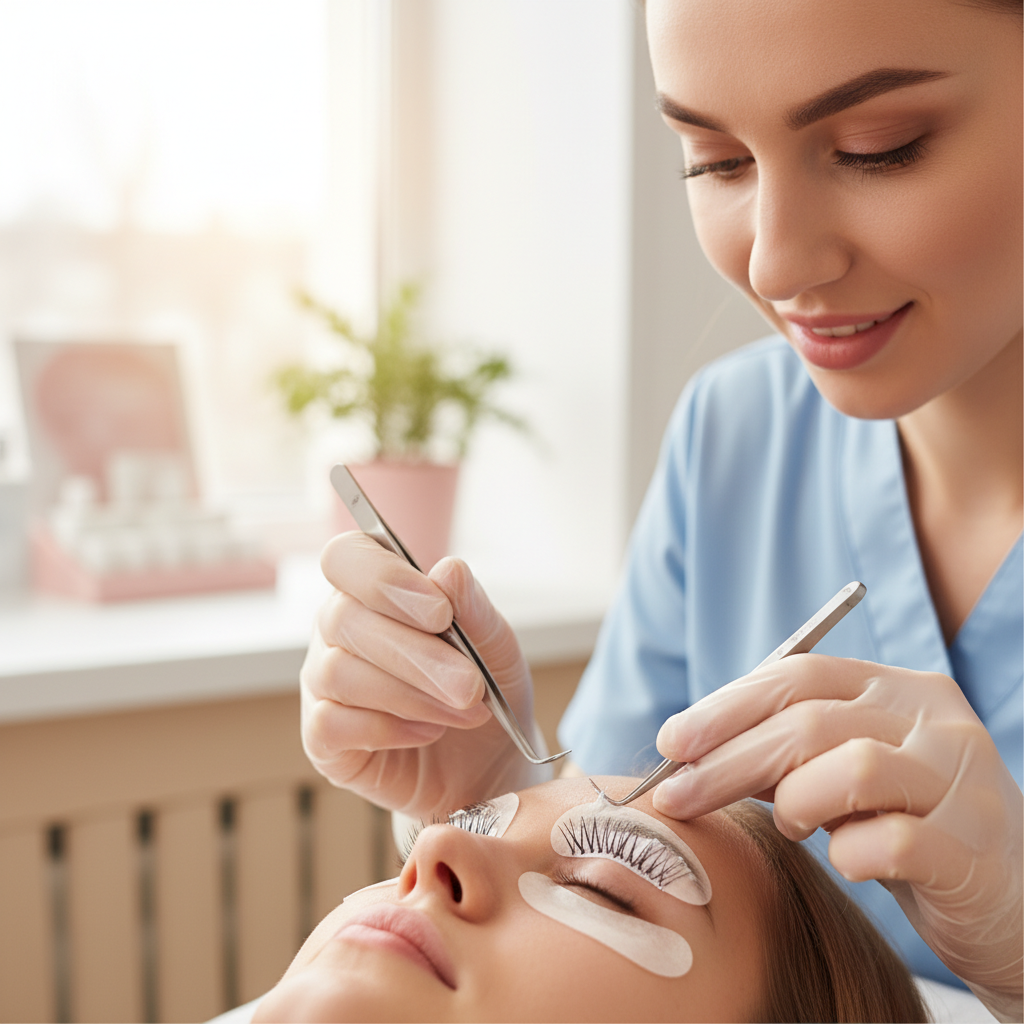 Lash artist applying a professional lash lift