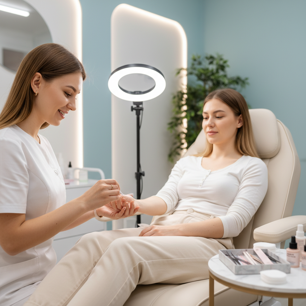 Lash artist performing a patch test on a client