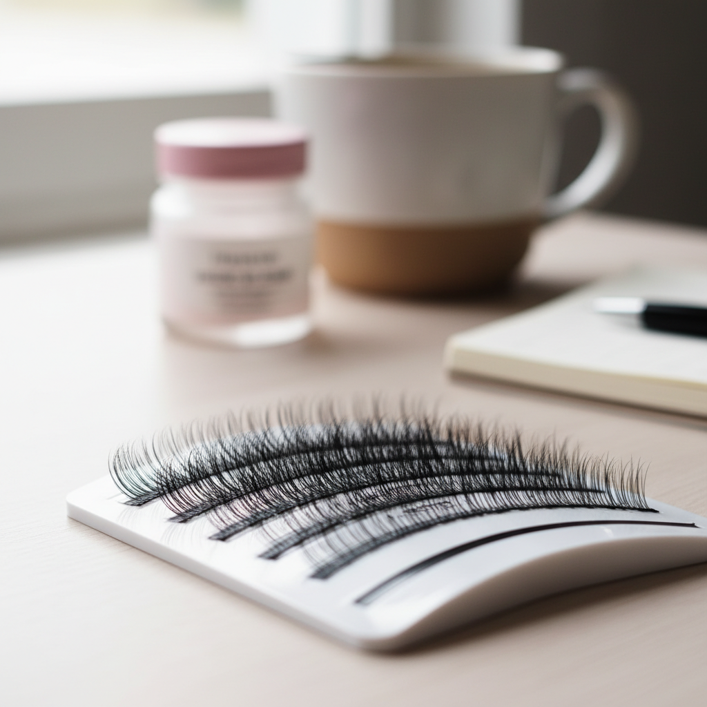 Handmade eyelash volume fans arranged on a professional tile