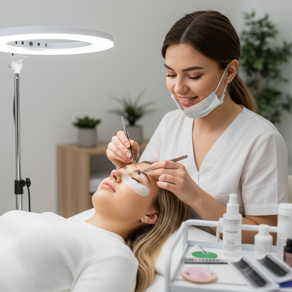 Lash technician applying hybrid extensions to a client