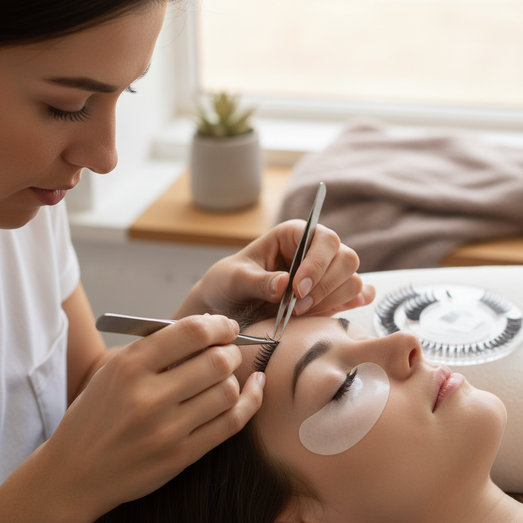 Lash technician using high-quality extensions in a professional beauty studio