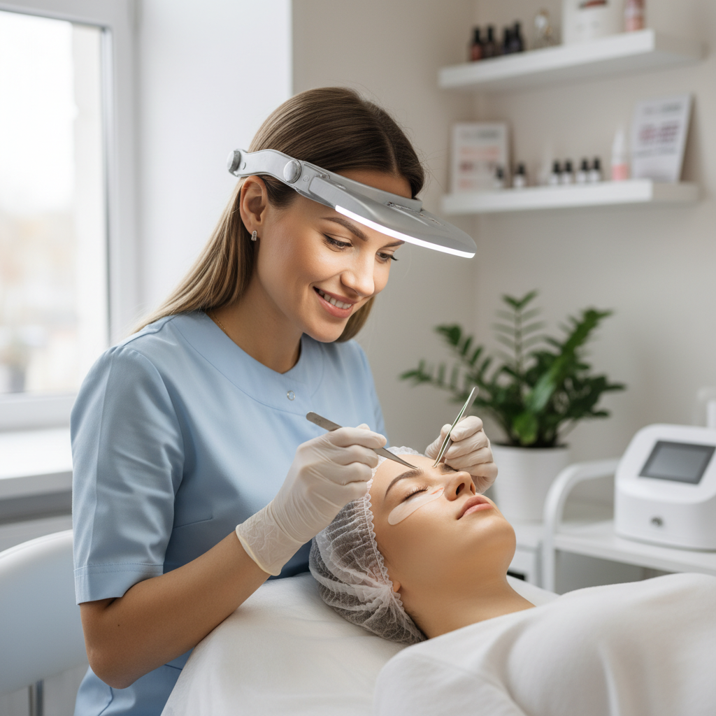 Professional eye examination before lash extension procedure