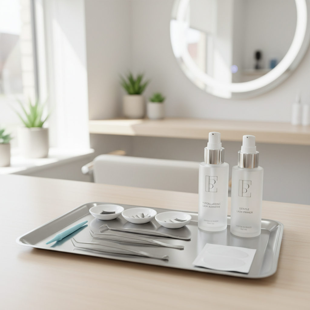 Professional eyelash extension setup with sanitized tools and lash trays