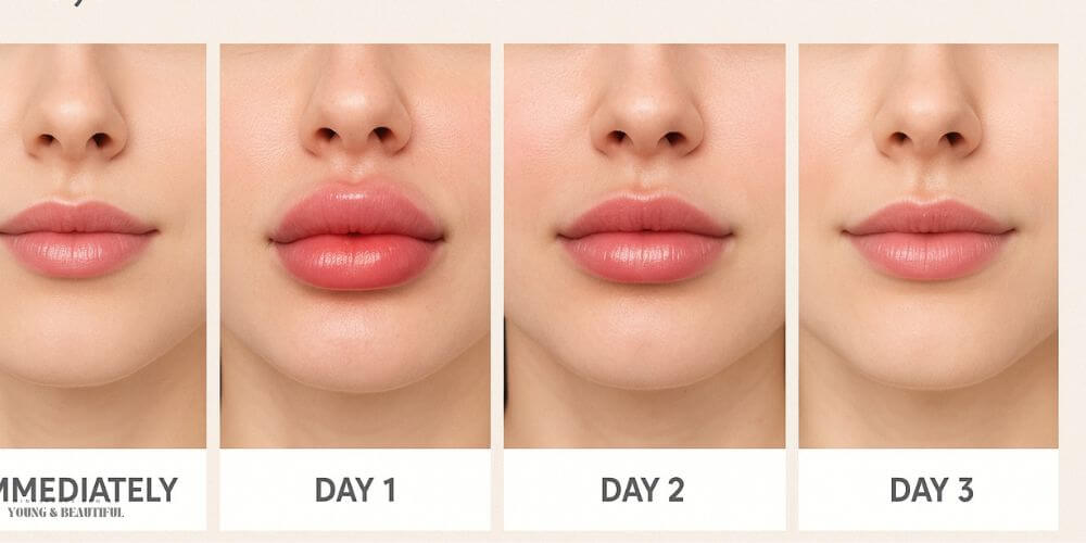 0.5ml lip filler swelling stages showing natural recovery and healing process at Minh Lashes Beauty Clinic in Yagoona, Bankstown, Sydney.