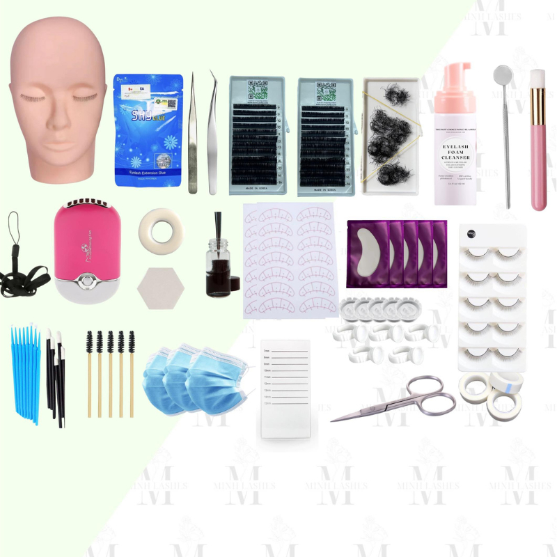 Professional eyelash accessories supplies including tweezers, glue, and lash trays
