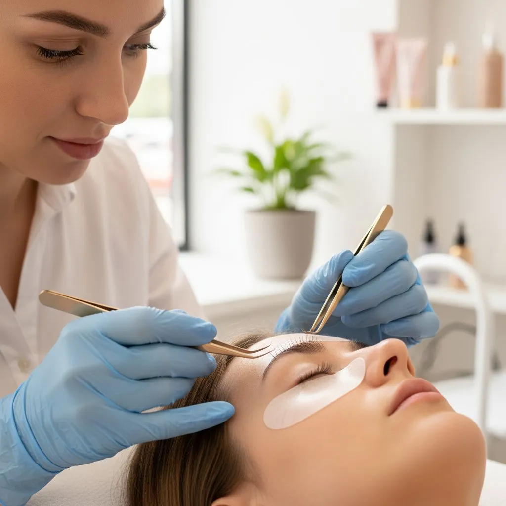 Professional eyelash extensions treatment in Sydney by Minh Lashes Beauty Clinic, showing lash artist applying lash extensions for natural and full lashes.