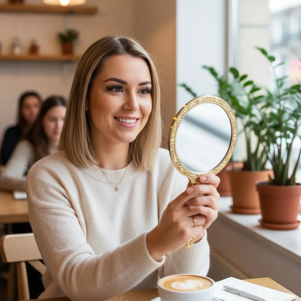 Woman smiling and checking her face in mirror representing natural beauty and confidence after eyelash extensions at Minh Lashes Sydney.