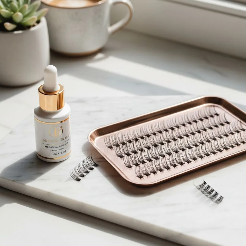 Premade lash fans tray with lash adhesive and beauty tools for professional eyelash extensions by Minh Lashes Australia.