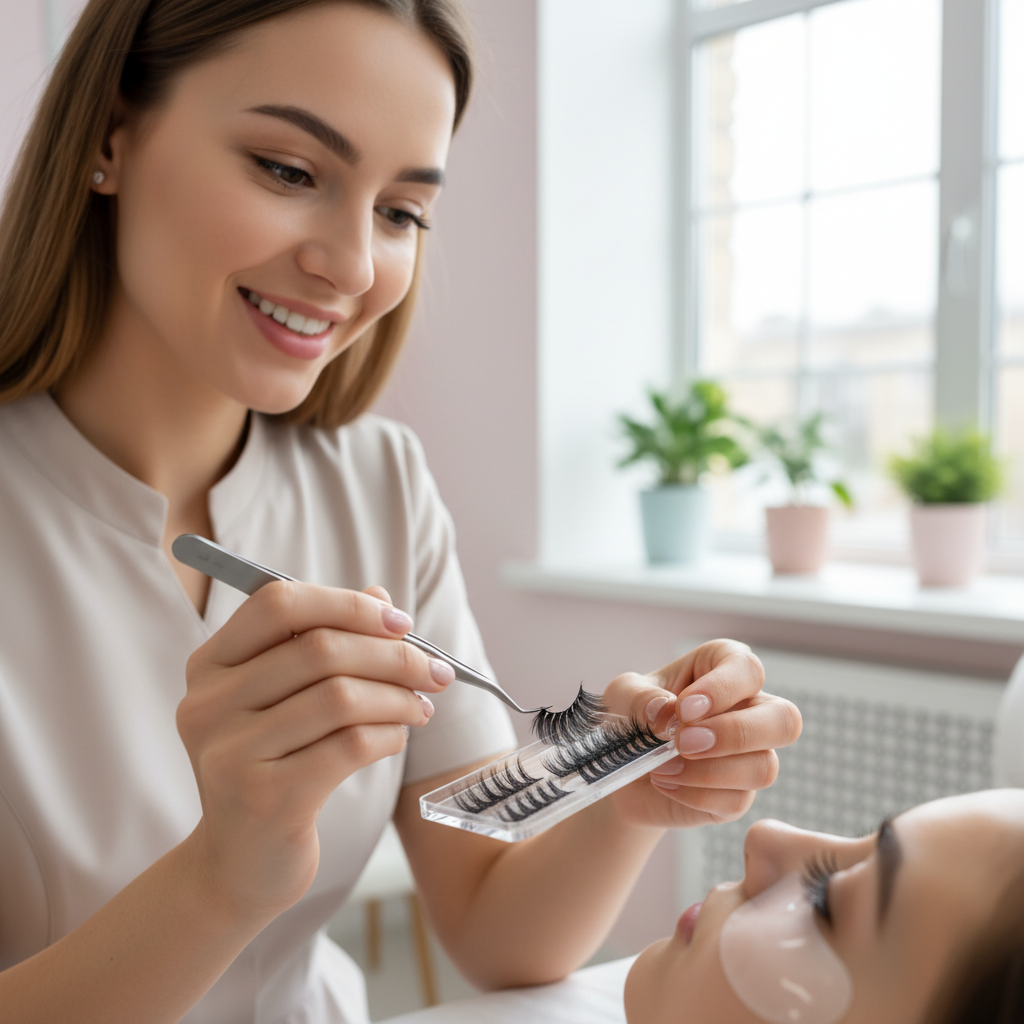 Lash artist applying mega volume fans to a client