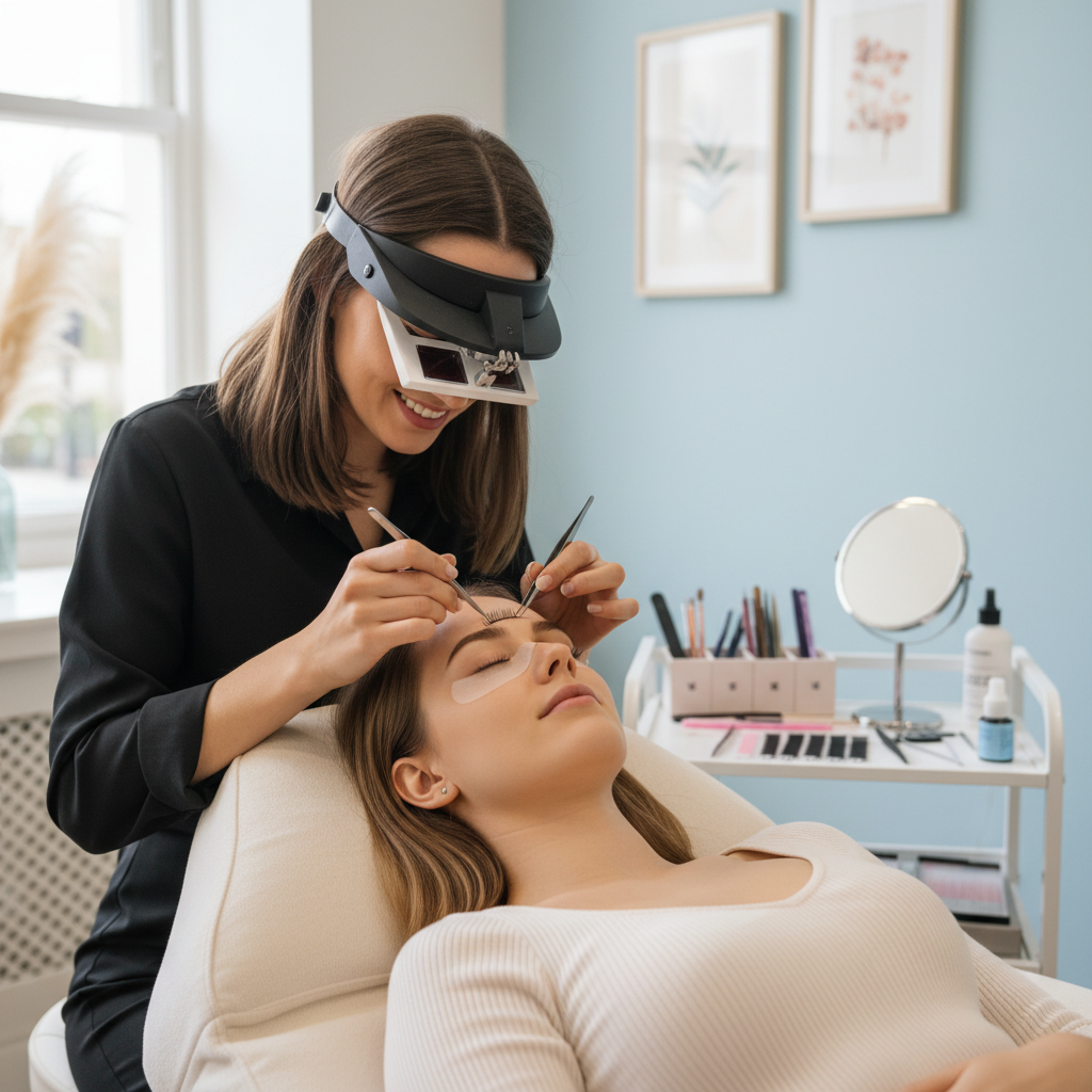 Lash artist applying mega volume extensions in a luxury salon