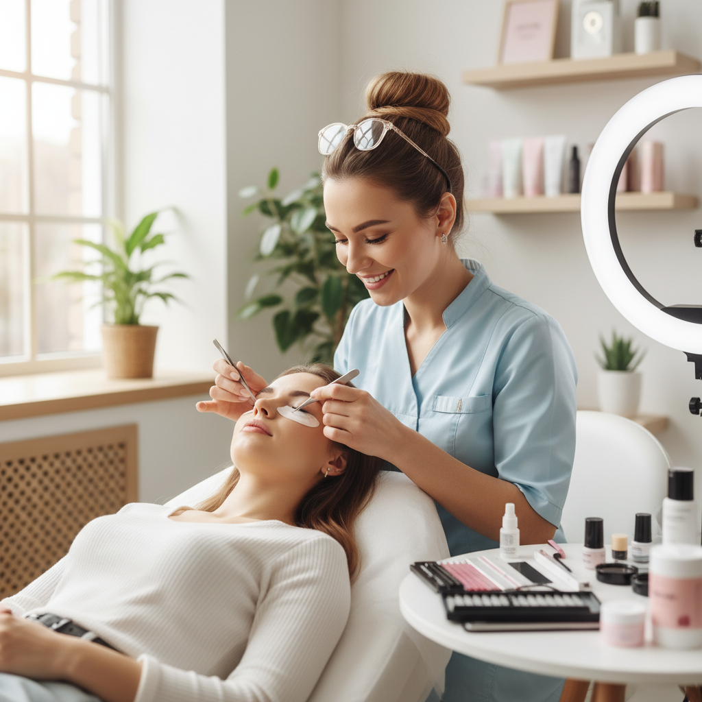 Lash artist applying extensions in a modern salon