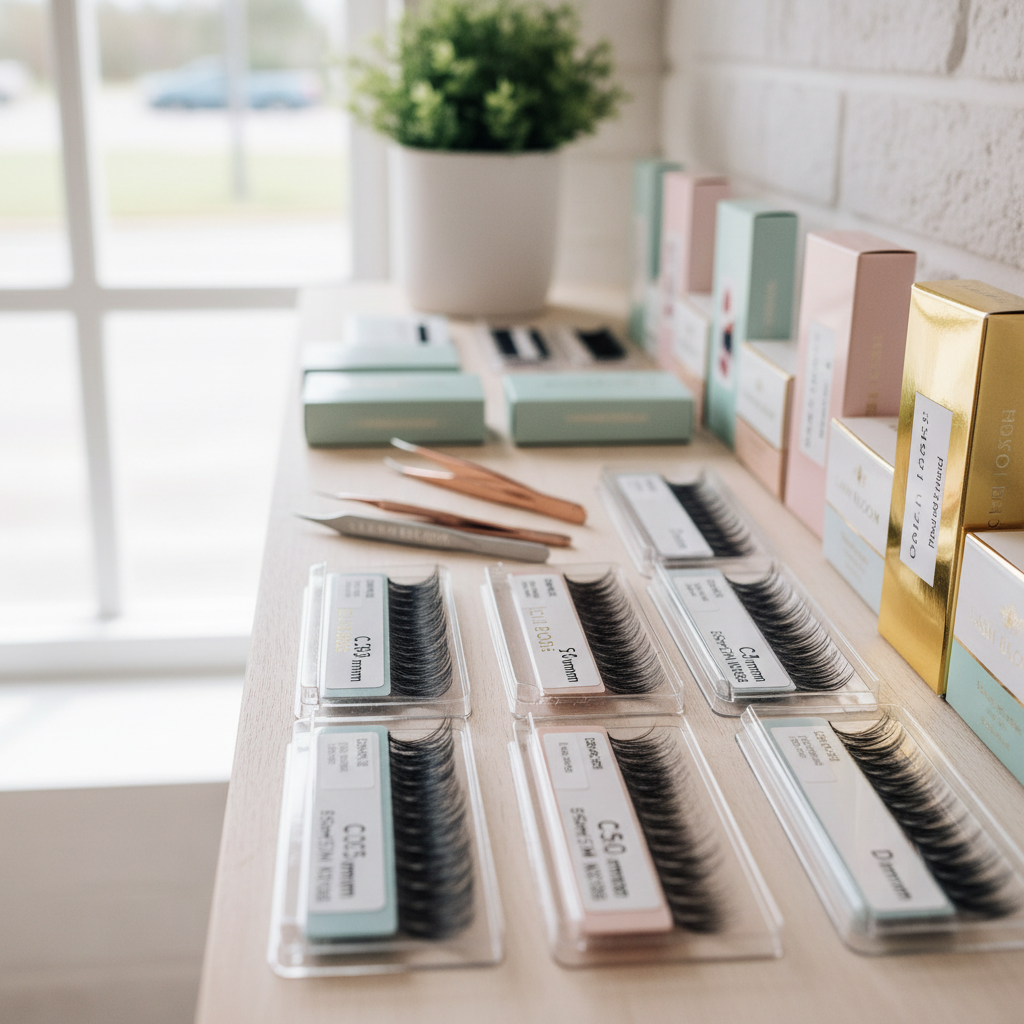 Organized lash trays on a shelf
