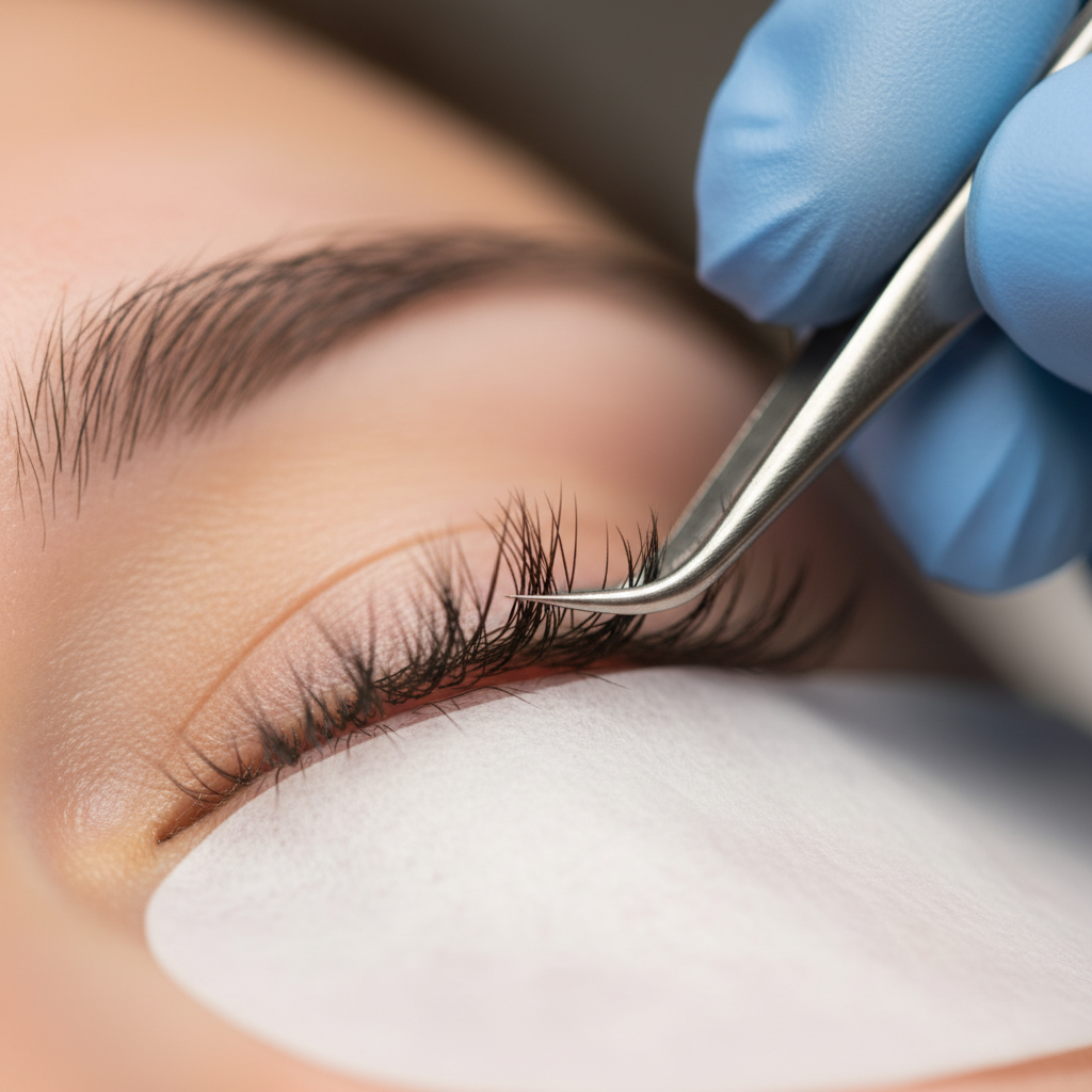Professional lash technician isolating a natural lash