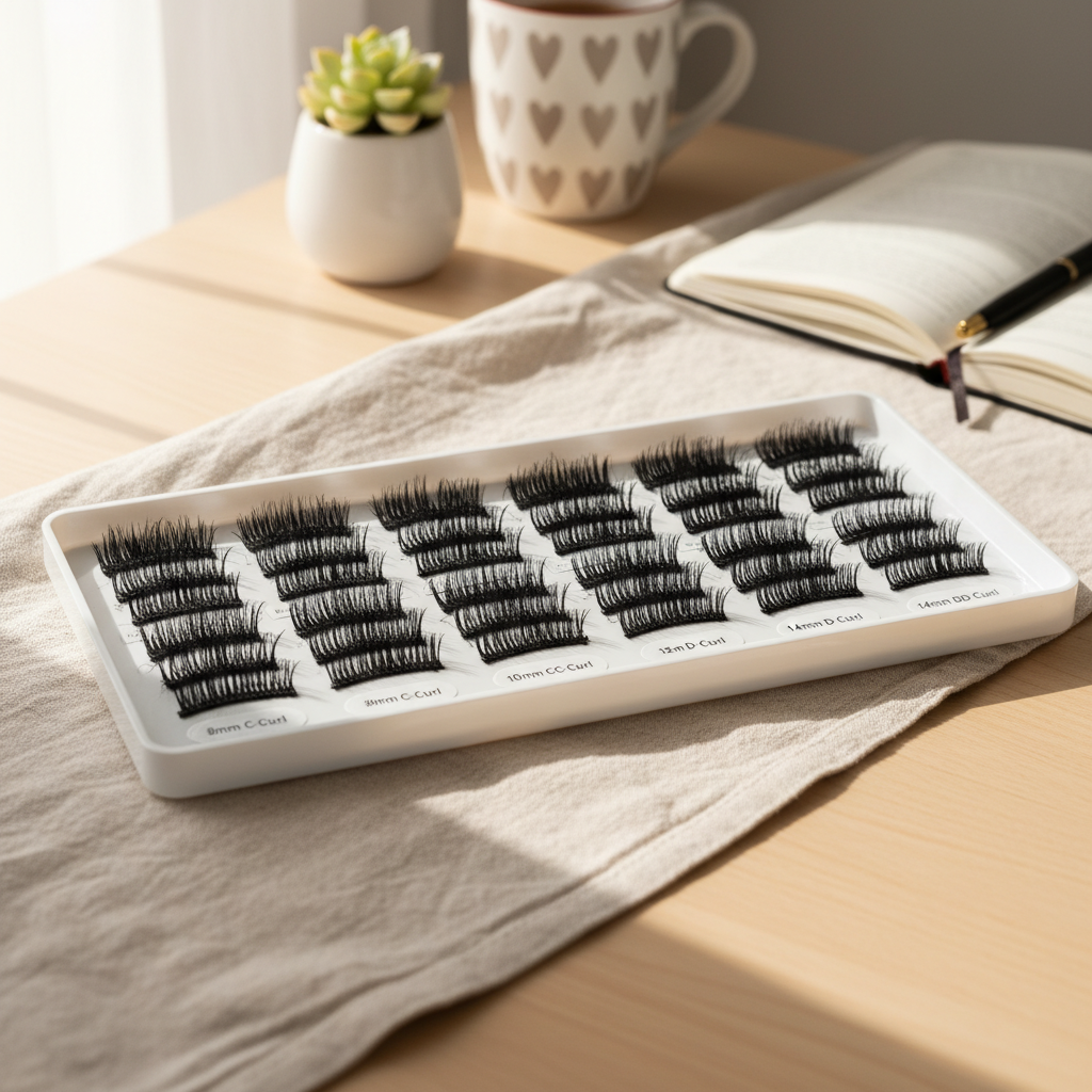 Organized tray of premade volume lash fans in rows