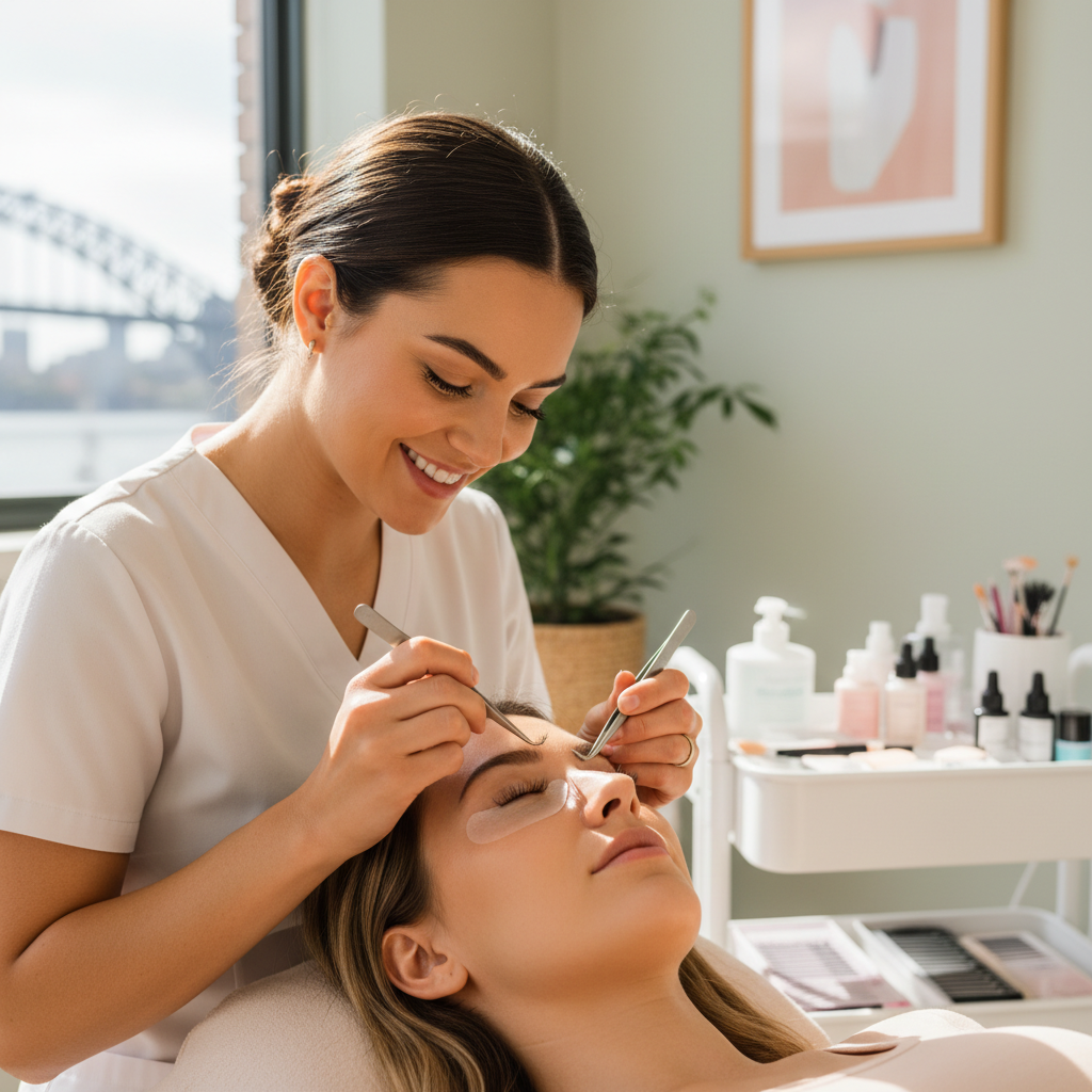 Lash artist applying 3D volume lash extensions in a Sydney studio