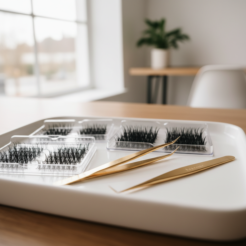 Close up of premade lash fan trays and gold tweezers