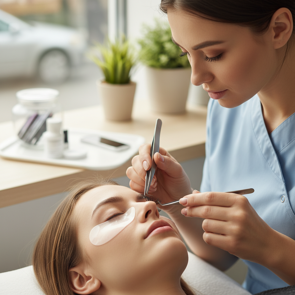Lash artist applying premade fans