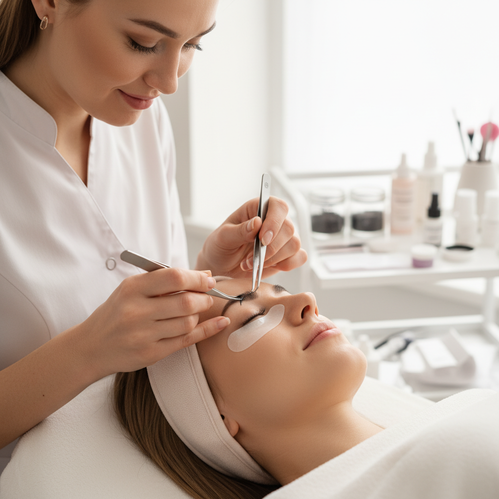 Professional eyelash extension treatment performed by lash artists using tweezers and lash supplies