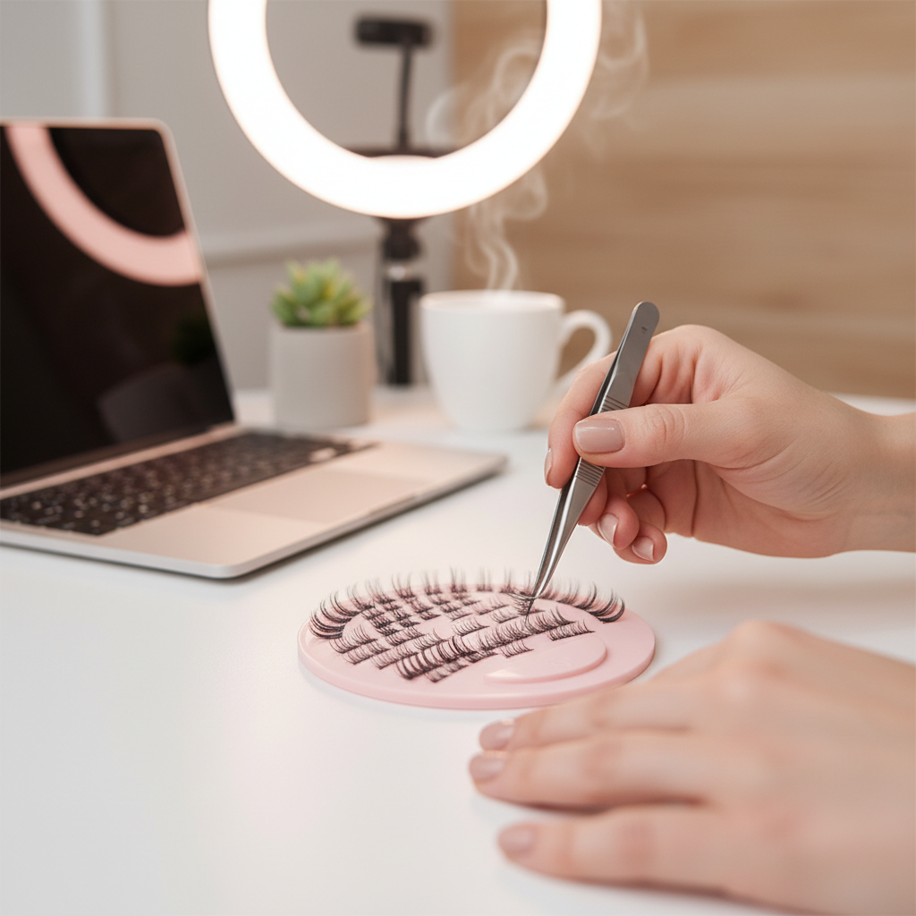Close-up of a lash artist picking up a loose premade lash fan