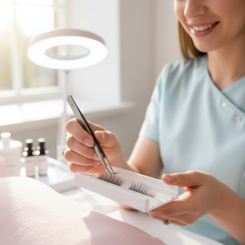 Lash technician picking up a premade volume fan with tweezers
