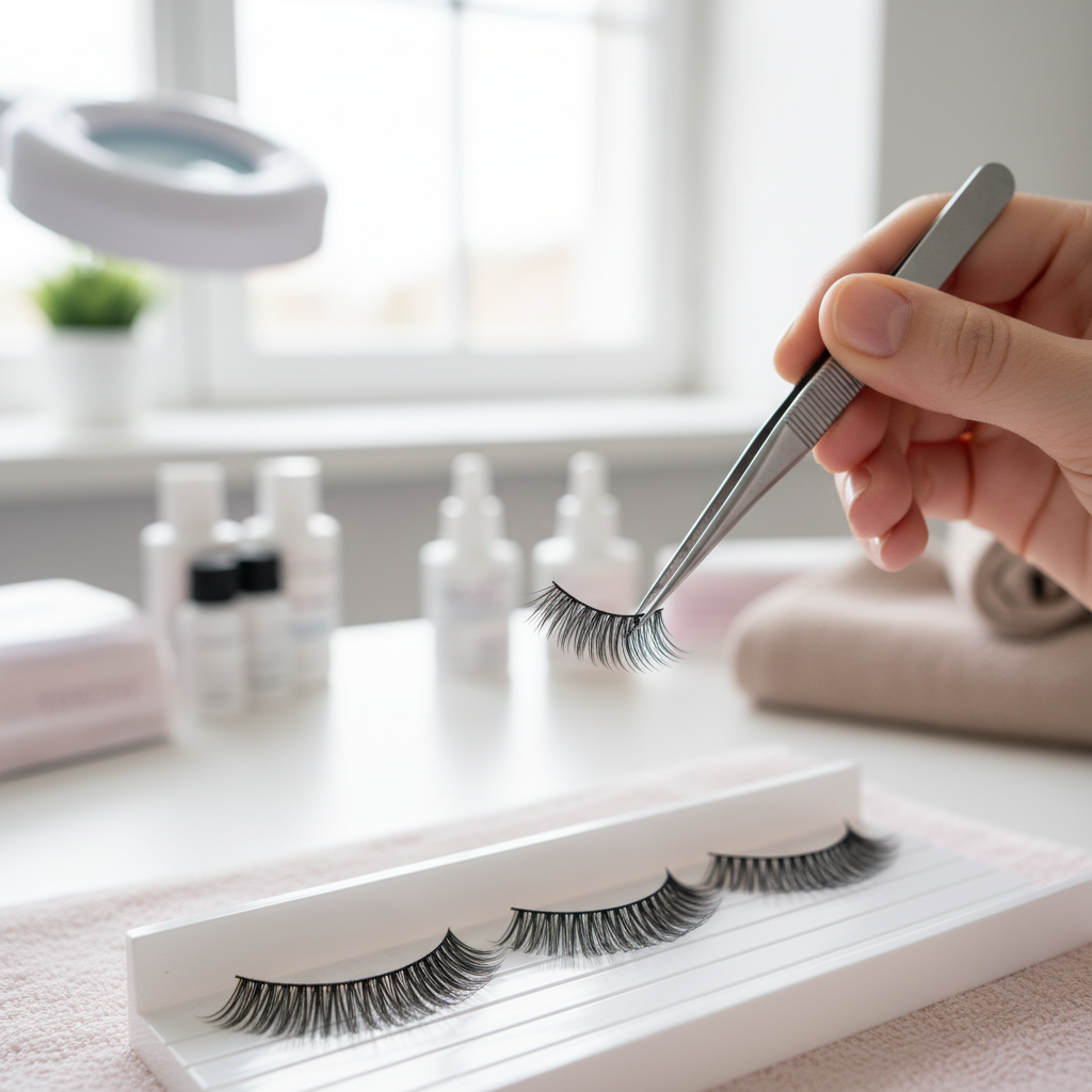 Lash artist applying a premade fan with tweezers