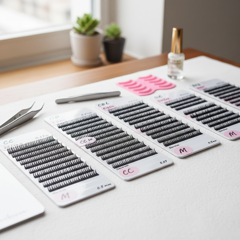 Premade lash trays with different curls and thicknesses for eyelash extensions by Minh Lashes
