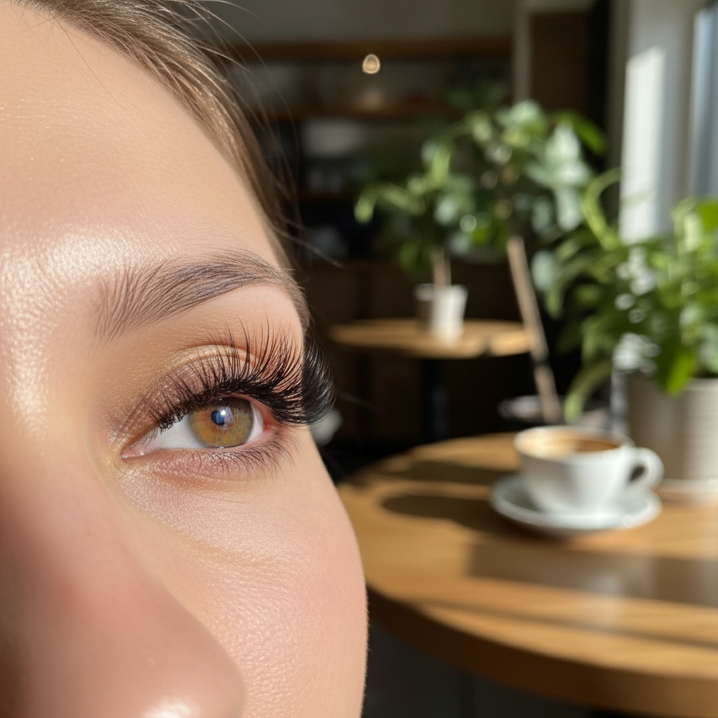Close up of long, fluttery eyelash extensions on a woman's eye