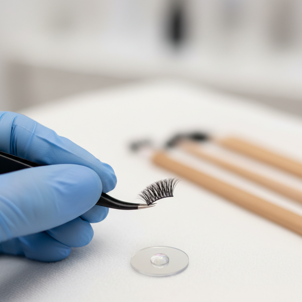 Lash technician applying a premade volume fan