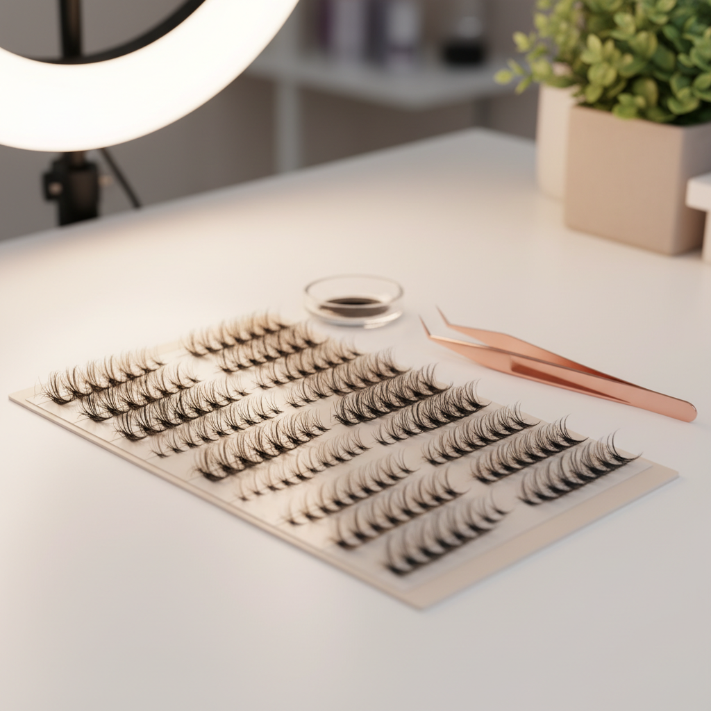 Professional lash artist tray with various premade lash fans