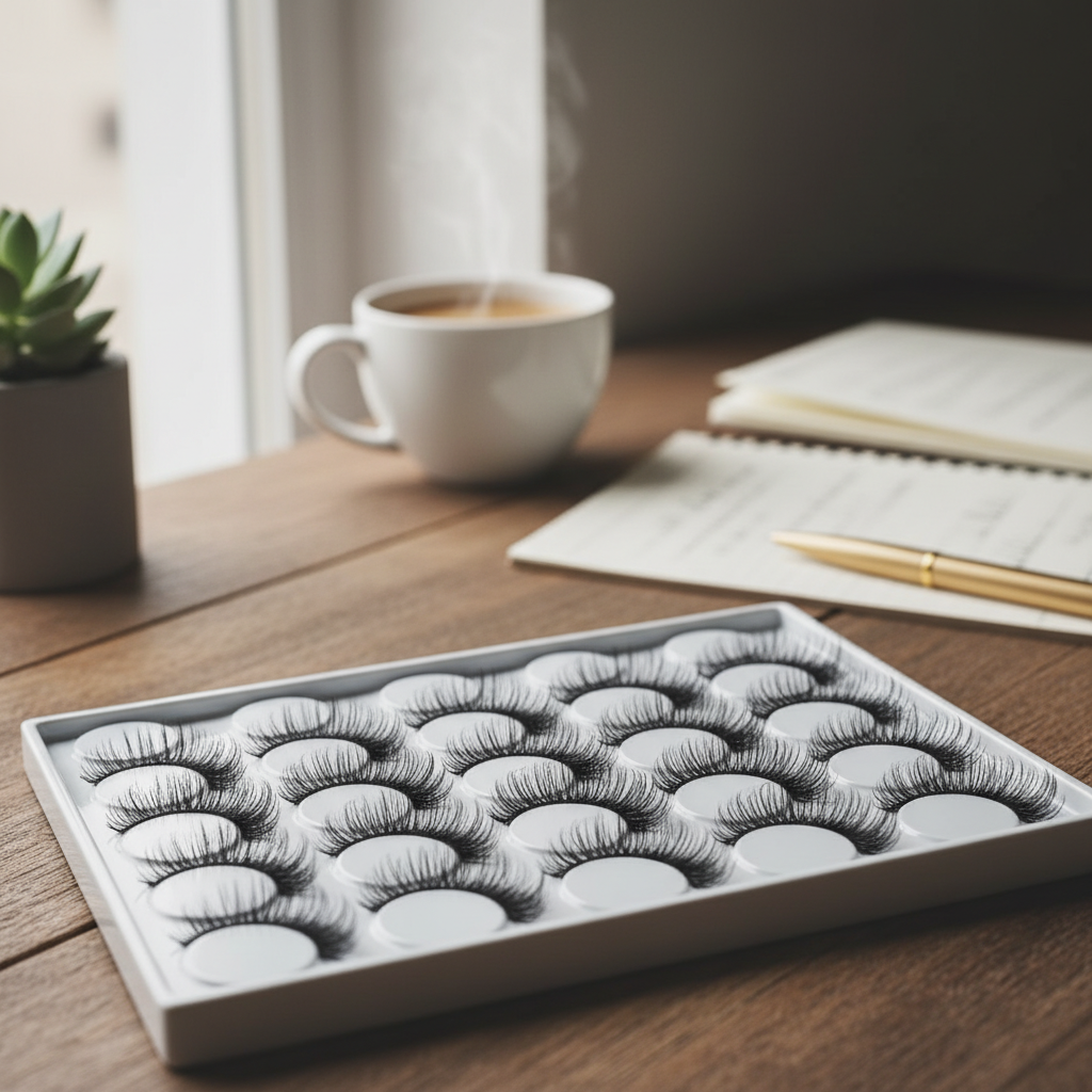 Deep black PBT lash fans in a tray