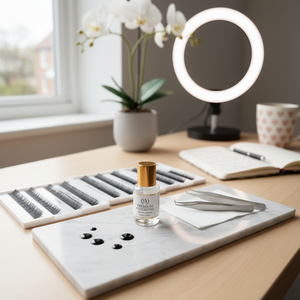 Professional lash extension workspace with lash trays, adhesive and tweezers by Minh Lashes