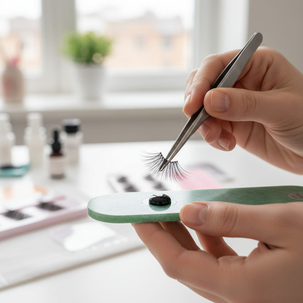 Dipping a premade lash fan into adhesive
