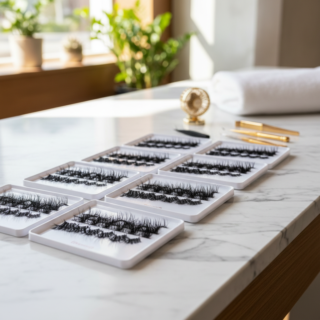 High-quality 3D premade volume lash trays on a salon counter