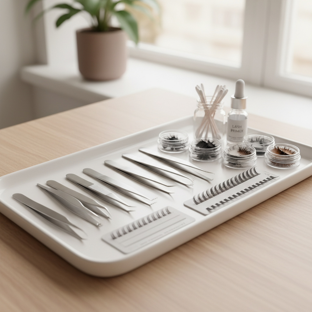 Professional lash supply setup with tweezers and lash trays for eyelash extensions by Minh Lashes