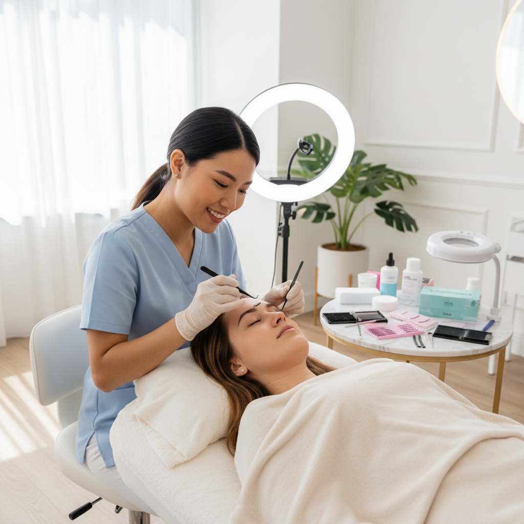 Professional eyelash artist applying 3D premade lash fans in a modern salon