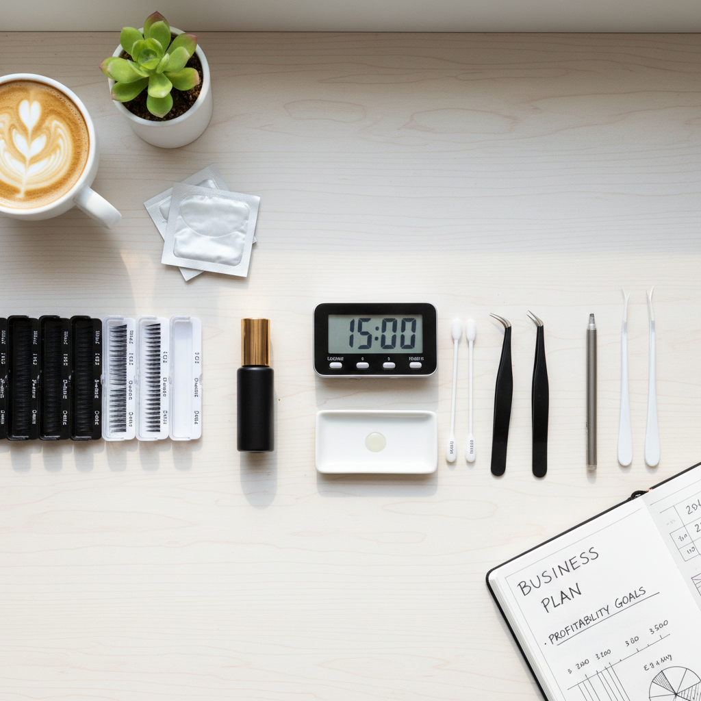 Professional lash supply flat lay with tweezers, lash trays and eyelash extension tools by Minh Lashes