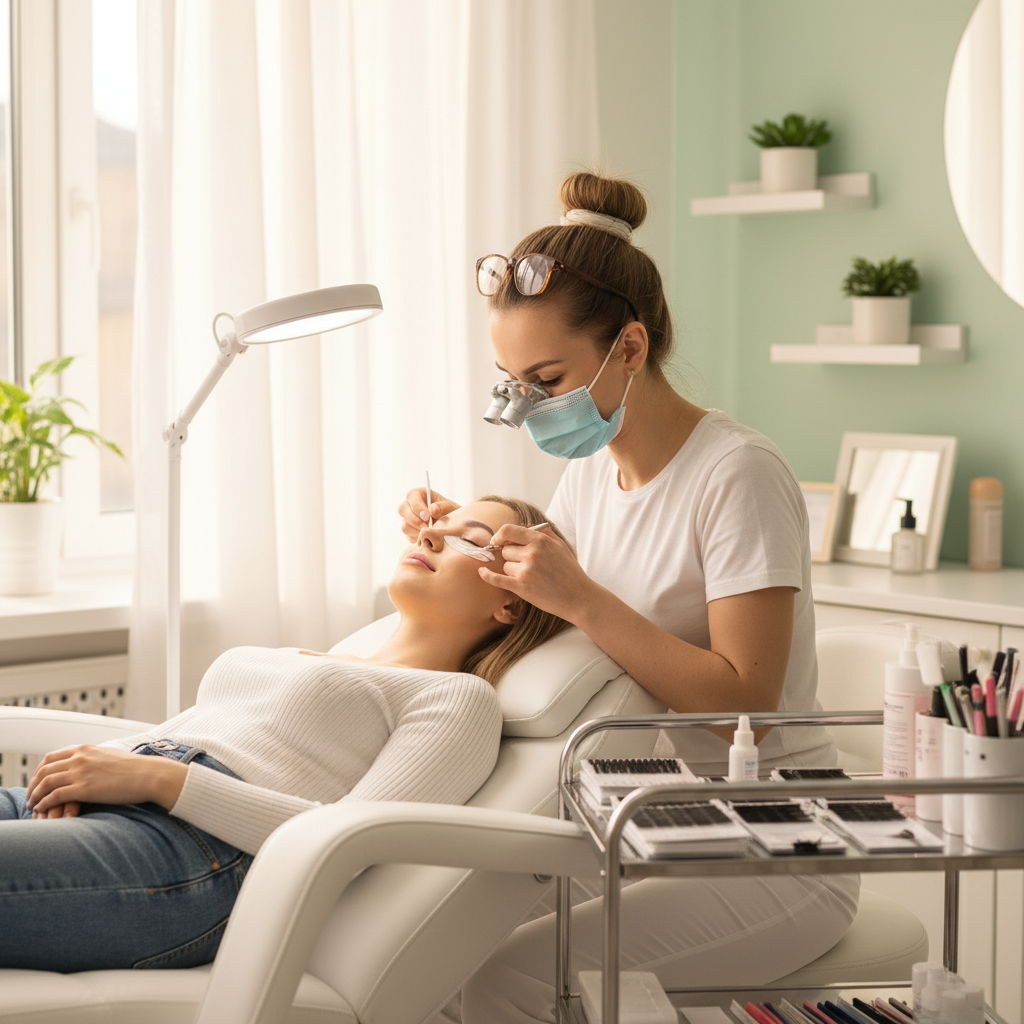Professional lash technician applying eyelash extensions in a sterile environment