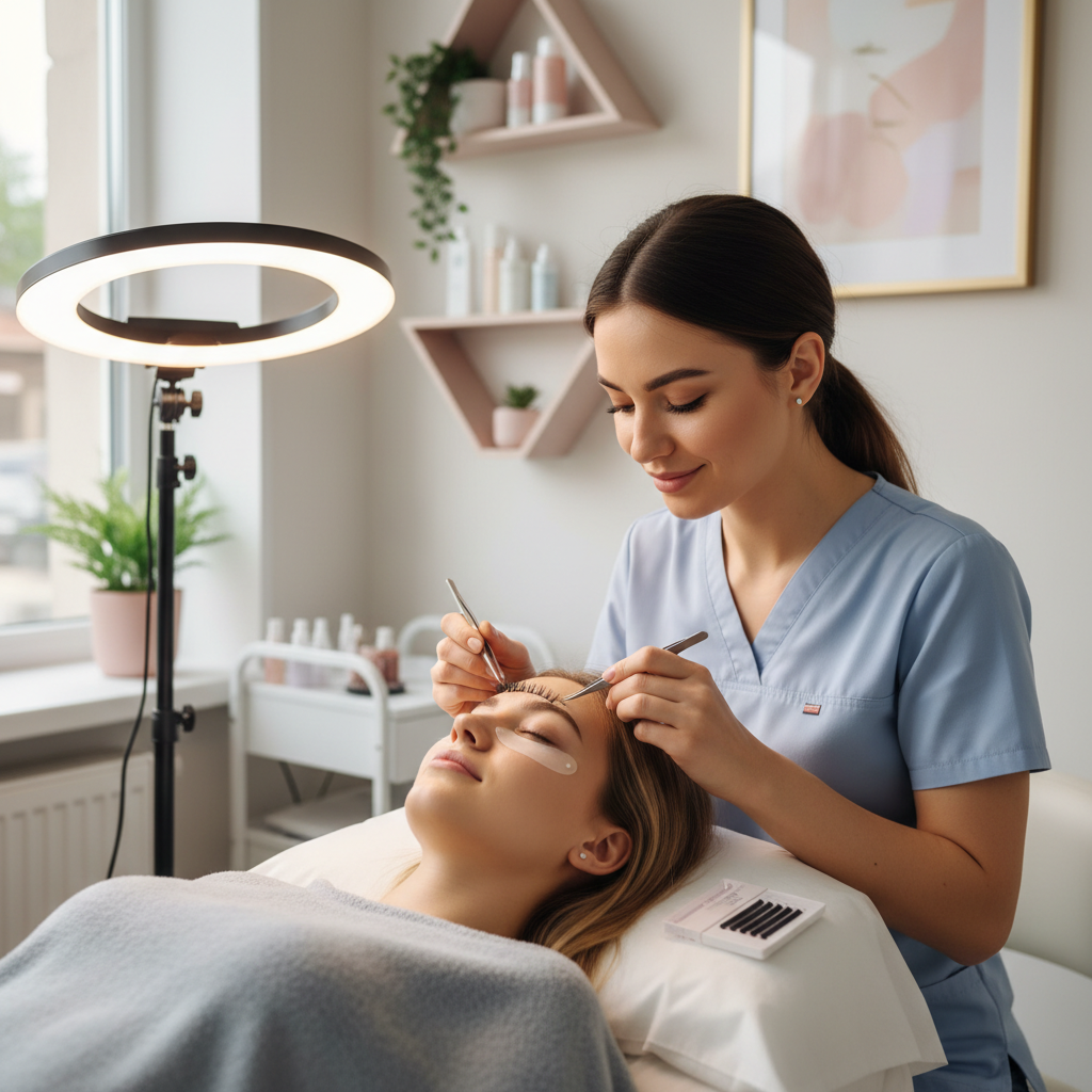 Lash artist applying volume lash extensions