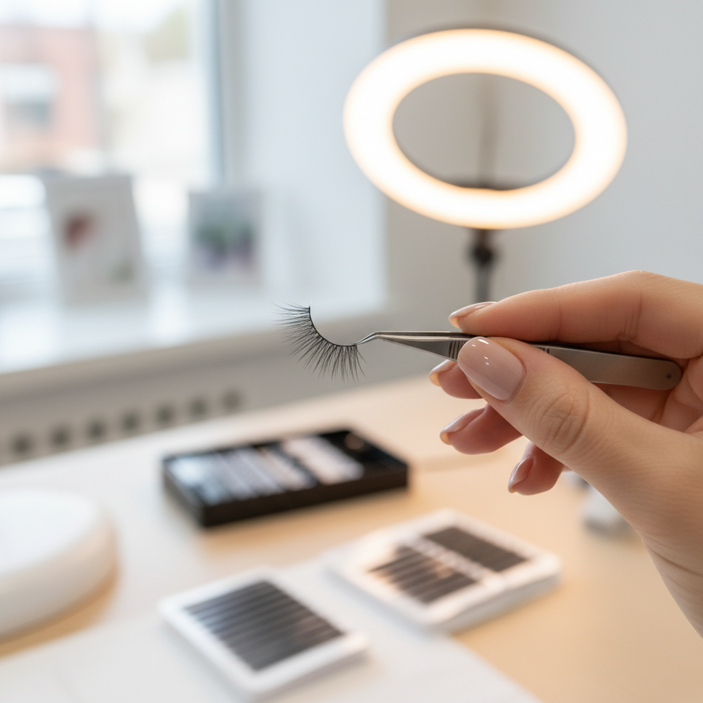 Close-up of a professional lash artist holding a promade lash fan