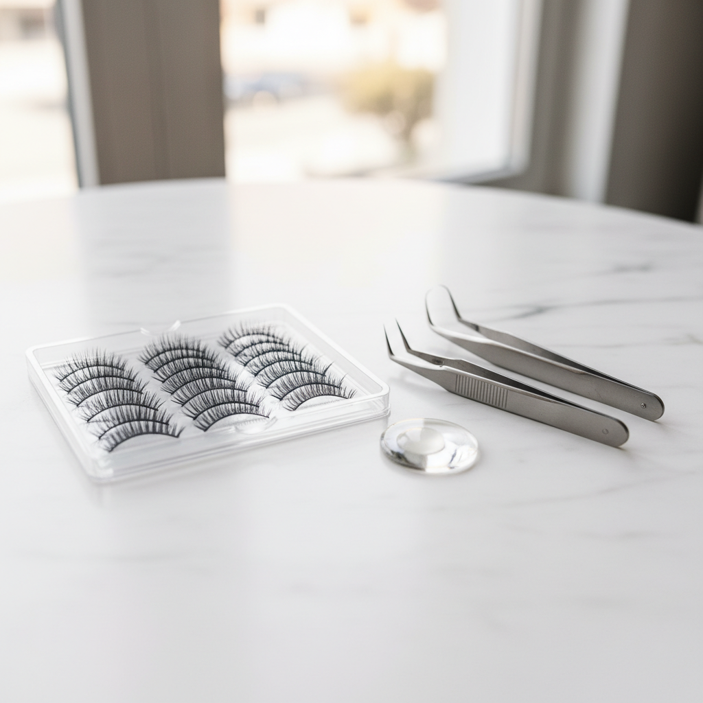 Professional premade lash fans tray on white marble