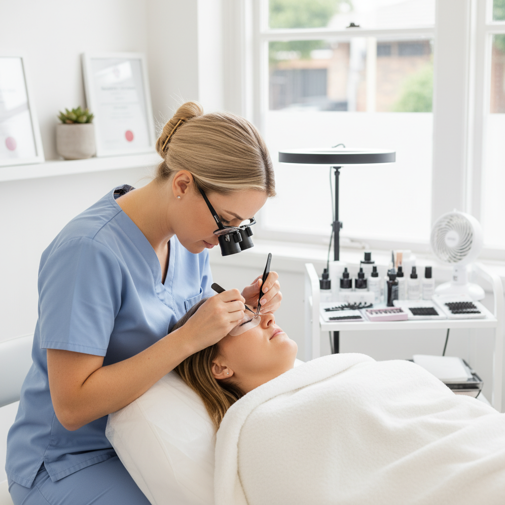 An Australian lash artist carefully applying short stem volume fans to a client