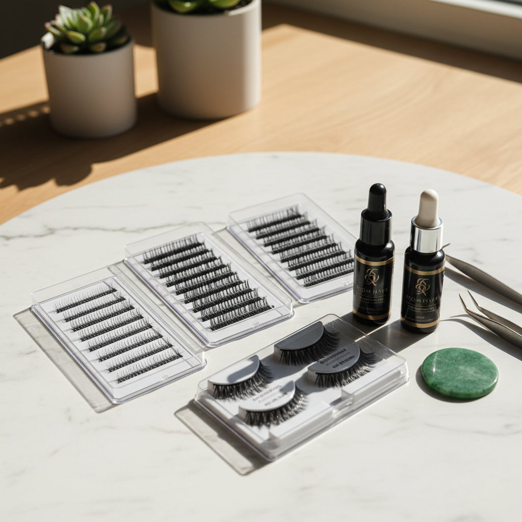 Promade lash fans and adhesive on a marble tile