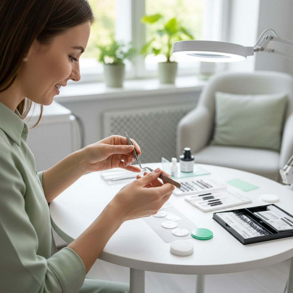 A professional lash artist applying a premade volume fan