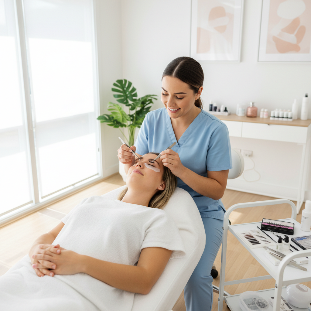 Lash technician applying volume extensions in a Sydney clinic