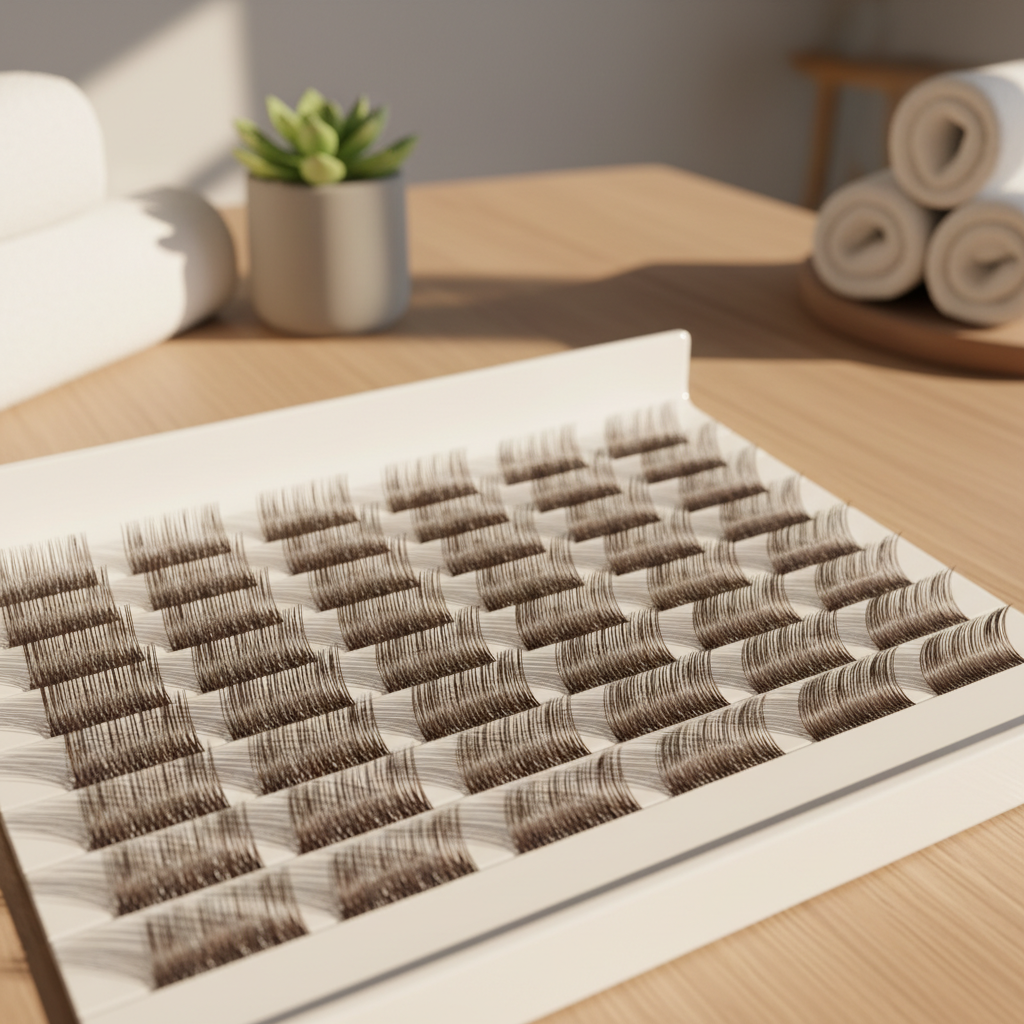 Professional premade volume lash fans in a tray