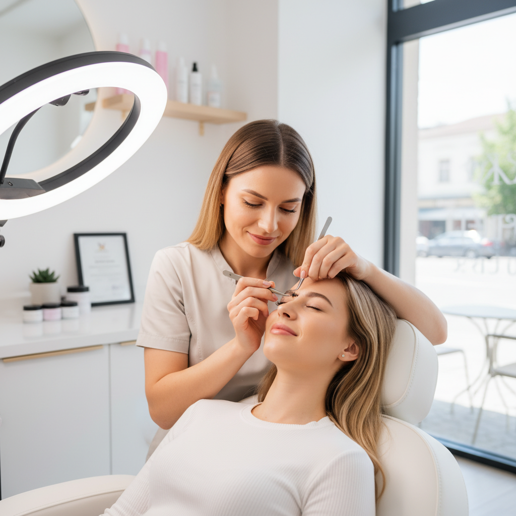 Professional lash artist applying premade volume fans to a client in a bright, modern beauty salon.