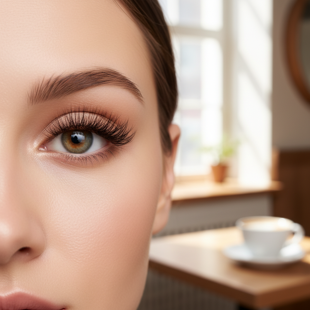 A model wearing wispy lash extensions with mixed spikes and volume
